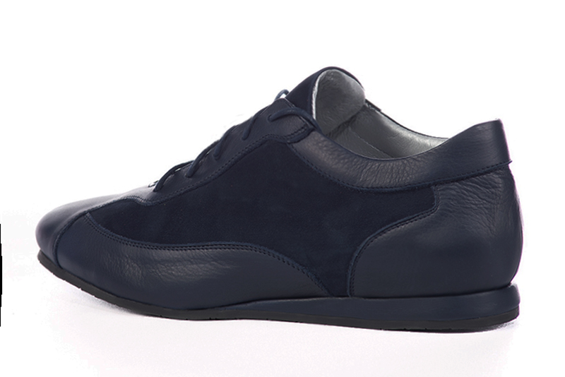 Navy blue women's one-tone elegant sneakers. Round toe. Flat wedge soles. Rear view - Florence KOOIJMAN