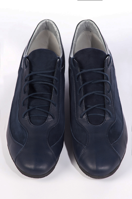 Navy blue women's one-tone elegant sneakers. Round toe. Flat wedge soles. Top view - Florence KOOIJMAN
