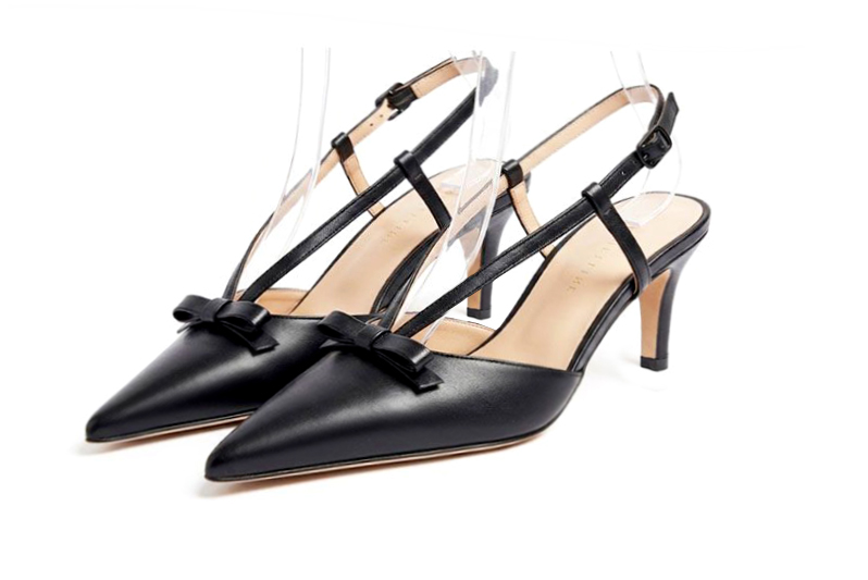 Handcrafted women's comfortable and elegant slingback heels in satin black premium leather. Medium slim heels. Pointed toe. Perfect for women's wedding guest heels, or elevated everyday style. 
                Choose from our luxurious collections of leather and fabric to perfectly match your heels to your outfits.