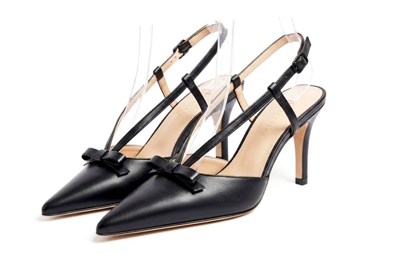 Handcrafted women's comfortable and elegant slingback heels in satin black premium leather. High slim heels. Pointed toe. Perfect for women's wedding guest heels, or elevated everyday style. 
                Choose from our luxurious collections of leather and fabric to perfectly match your heels to your outfits.