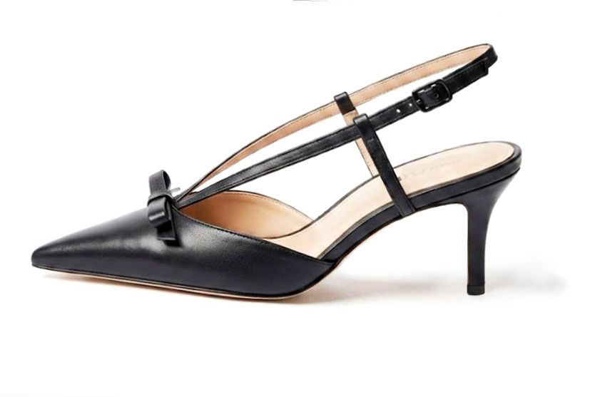Dress slingback heels in satin black leather with high slim heels and pointed toe - Profile view
