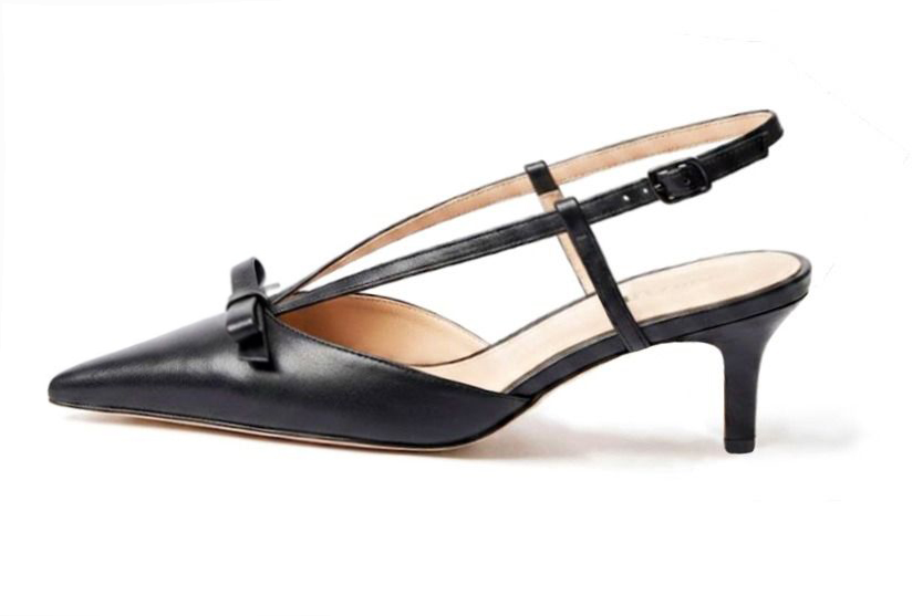 Dress slingback heels in satin black leather with medium slim heels and pointed toe - Profile view