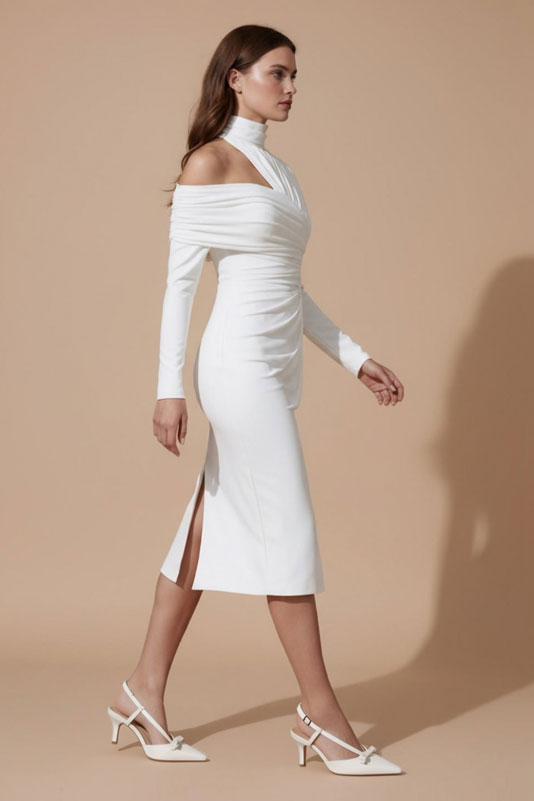 Dress slingback heels in off white leather with medium slim heels and pointed toe - Worn view