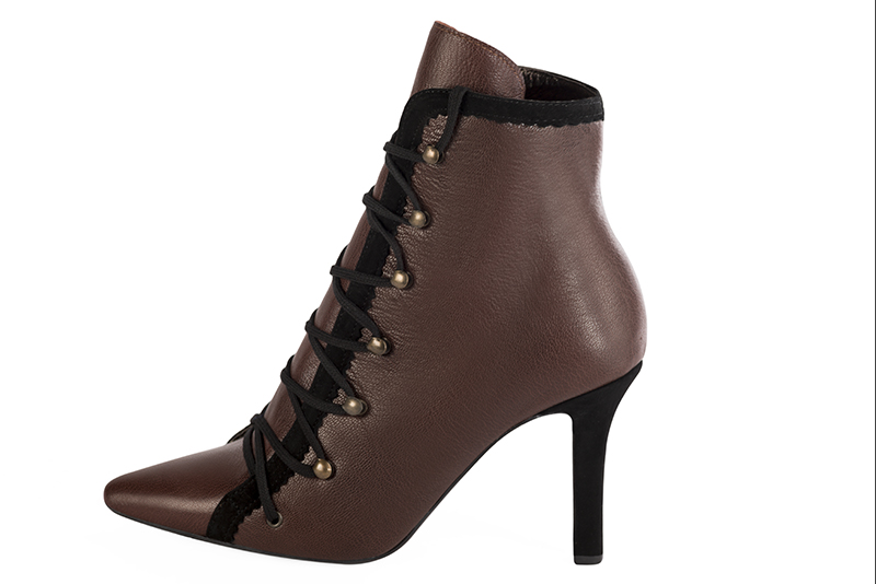 Dark brown and matt black women's ankle boots with laces at the front. Pointed toe. High slim heel. Profile view - Florence KOOIJMAN