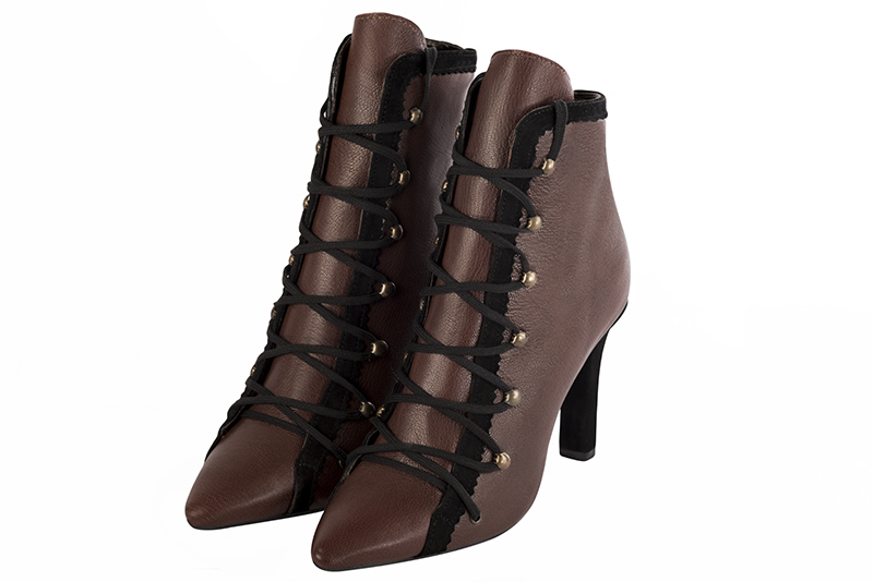 Dark brown and matt black women's ankle boots with laces at the front. Pointed toe. High slim heel. Front view - Florence KOOIJMAN