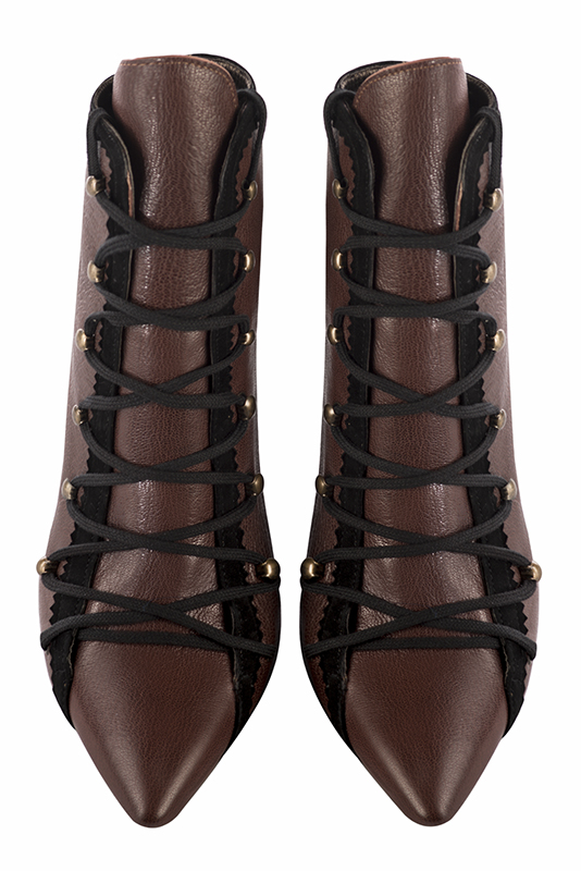 Dark brown and matt black women's ankle boots with laces at the front. Pointed toe. High slim heel. Top view - Florence KOOIJMAN