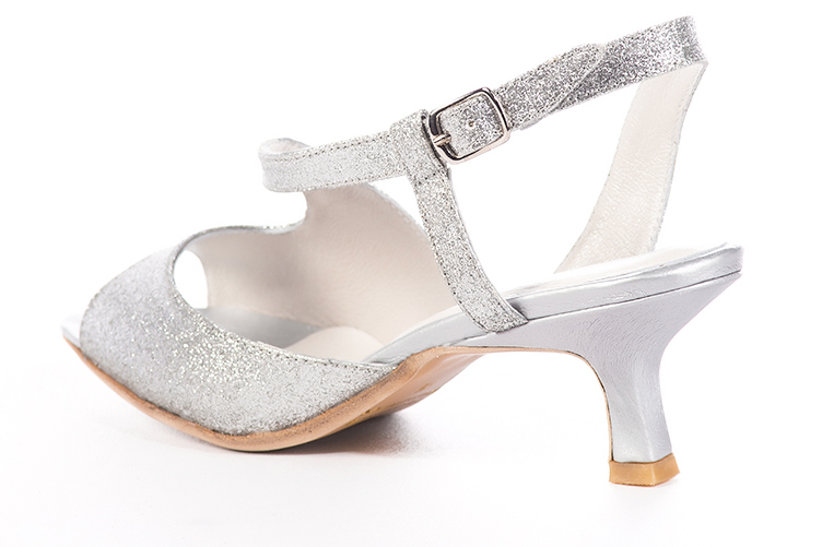Light silver women's open back sandals, with crossed straps. Round toe. Medium spool heels. Rear view - Florence KOOIJMAN