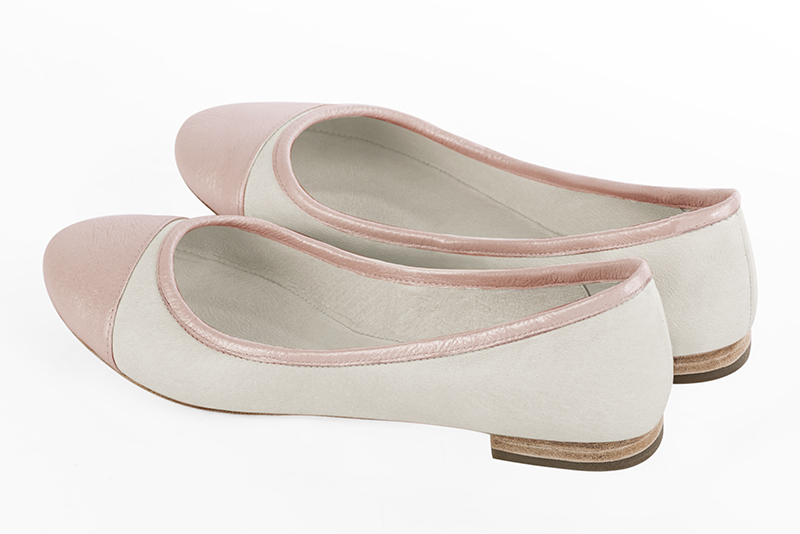 Powder pink and off white women's ballet pumps, with flat heels. Round toe. Flat leather soles. Rear view - Florence KOOIJMAN