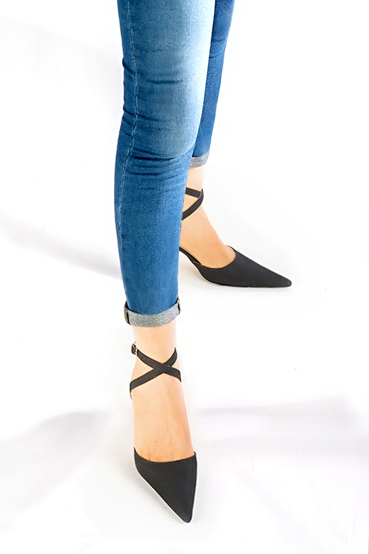 Matt black women's open back shoes, with crossed straps. Pointed toe. High slim heel. Worn view - Florence KOOIJMAN
