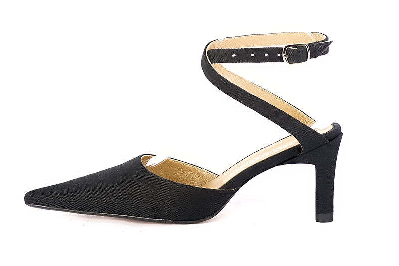 Matt black women's open back shoes, with crossed straps. Pointed toe. High comma heels. Profile view - Florence KOOIJMAN