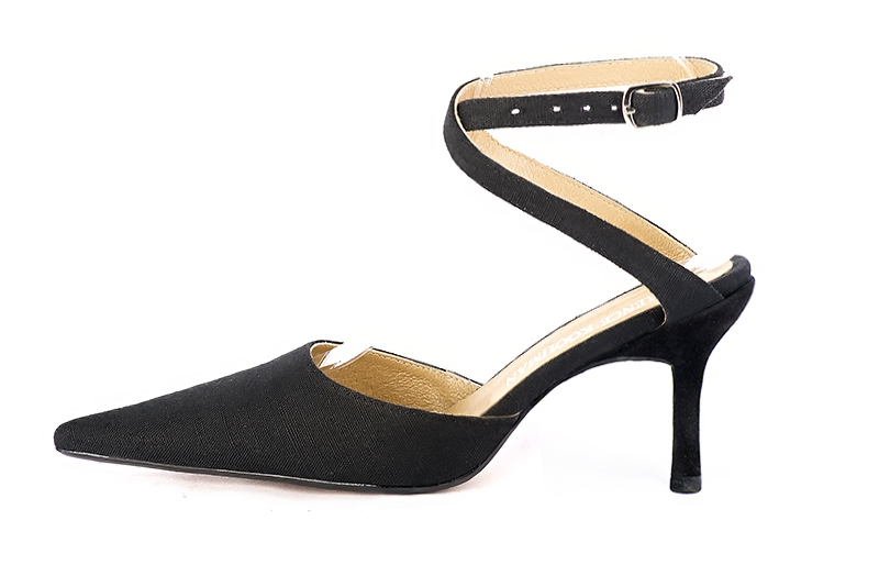 Matt black women's open back shoes, with crossed straps. Pointed toe. High slim heel. Profile view - Florence KOOIJMAN