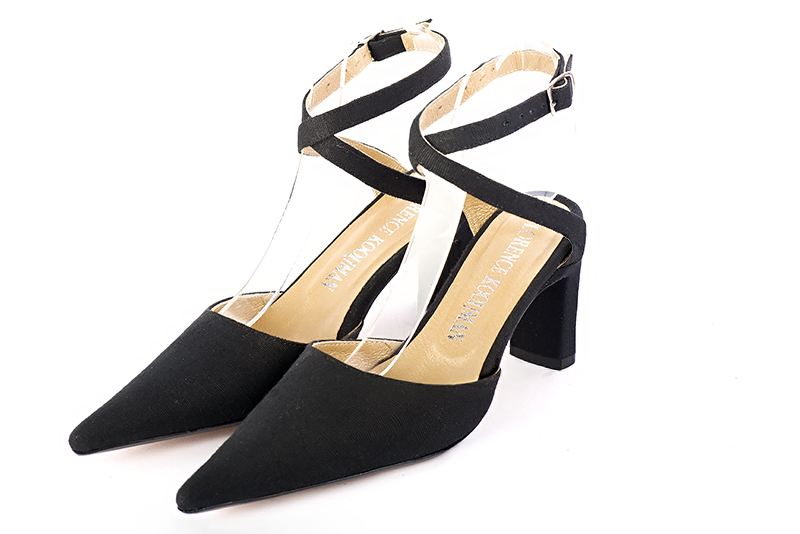 Matt black women's open back shoes, with crossed straps. Pointed toe. High comma heels. Front view - Florence KOOIJMAN