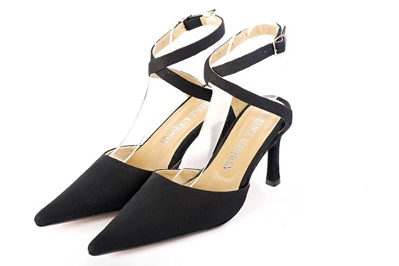 Matt black women's open back shoes, with crossed straps. Pointed toe. High slim heel - Florence KOOIJMAN
