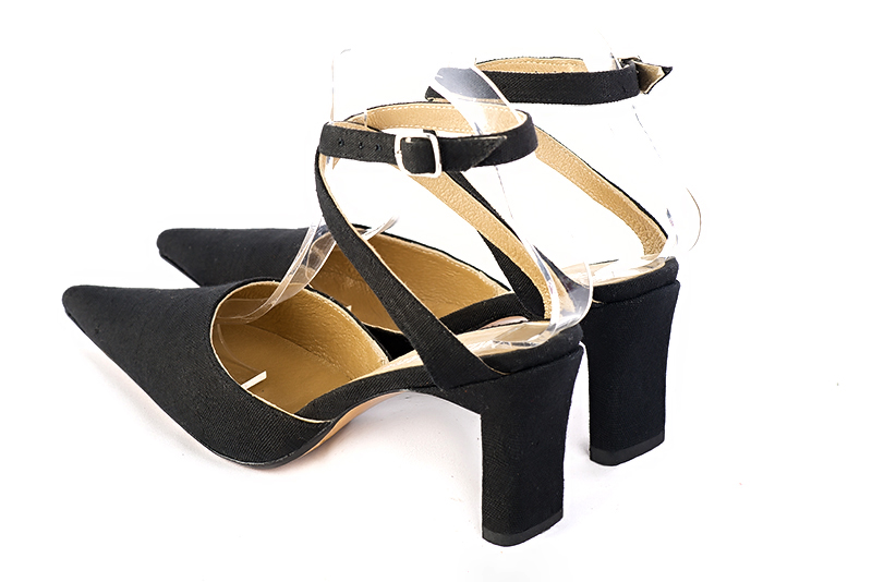 Matt black women's open back shoes, with crossed straps. Pointed toe. High comma heels. Rear view - Florence KOOIJMAN