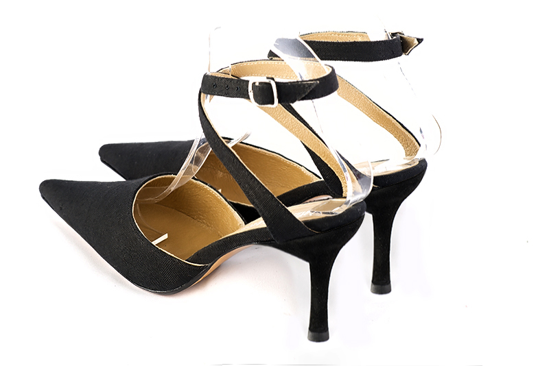 Matt black women's open back shoes, with crossed straps. Pointed toe. High slim heel. Rear view - Florence KOOIJMAN