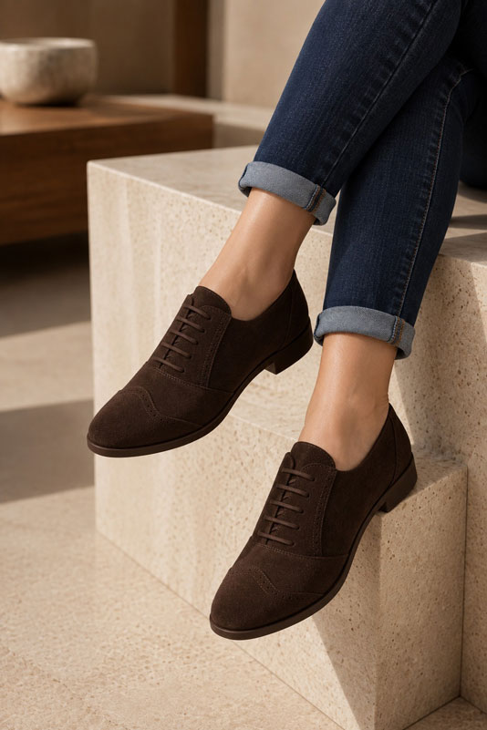 Women's dark brown casual lace-up shoes with  and  - Worn view