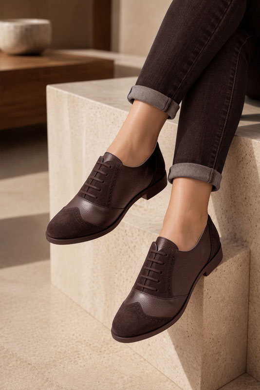 Women's dark brown casual lace-up shoes with  and  - Worn view