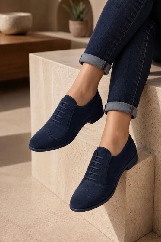 Women's navy blue casual lace-up shoes with  and  - Worn view