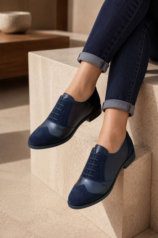 Women's navy blue casual lace-up shoes with  and  - Worn view