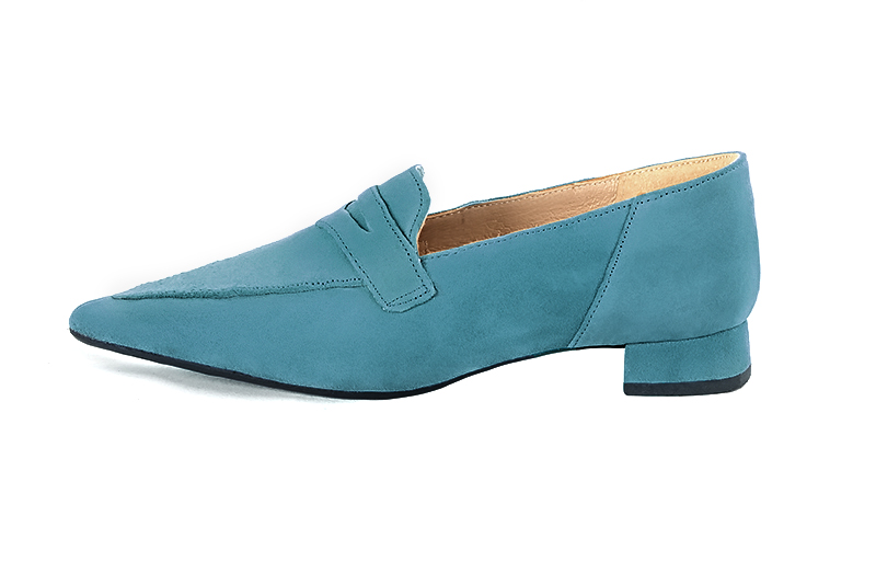 Peacock blue women's essential loafers. Pointed toe. Flat flare heels. Profile view - Florence KOOIJMAN