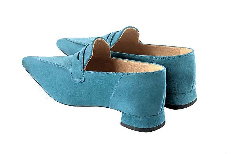 Peacock blue women's essential loafers. Pointed toe. Flat flare heels. Rear view - Florence KOOIJMAN