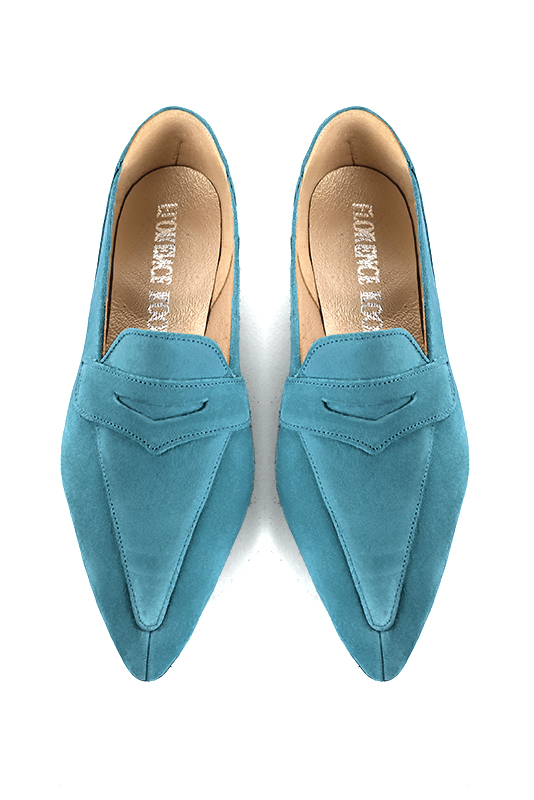 Peacock blue women's essential loafers. Pointed toe. Flat flare heels. Top view - Florence KOOIJMAN