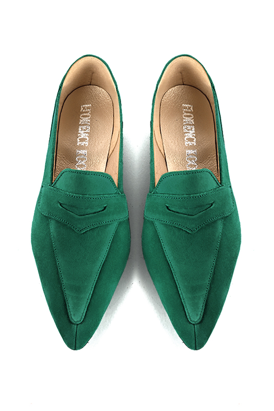 Emerald green women's essential loafers. Pointed toe. Flat flare heels. Top view - Florence KOOIJMAN