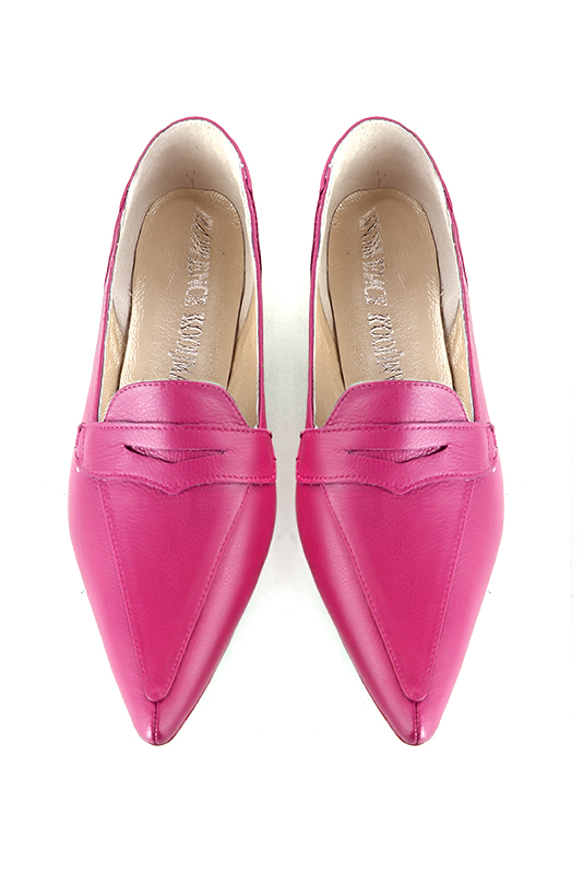 Fuschia pink women's essential loafers. Pointed toe. Flat flare heels. Top view - Florence KOOIJMAN
