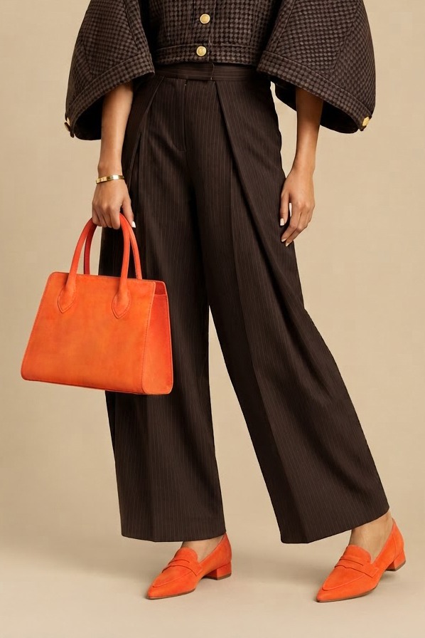 Women's orange classic penny loafers with pointed toe and flat flared heel - Worn view
