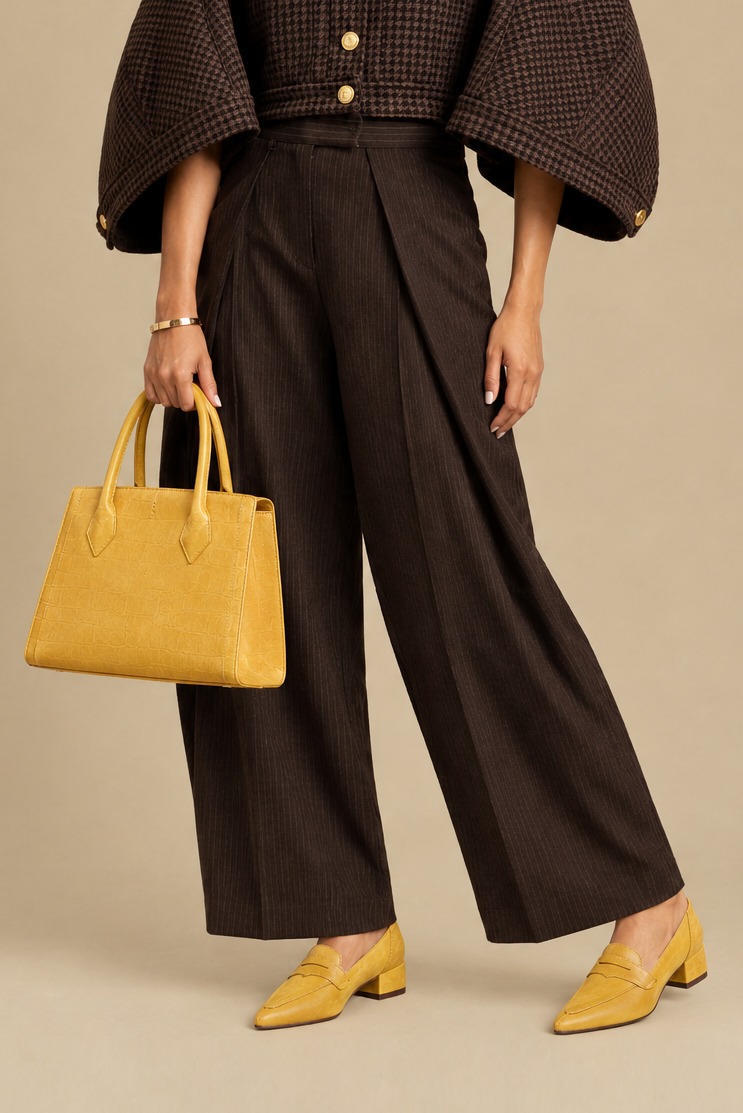Women's mustard yellow classic penny loafers with pointed toe and flat flared heel - Worn view