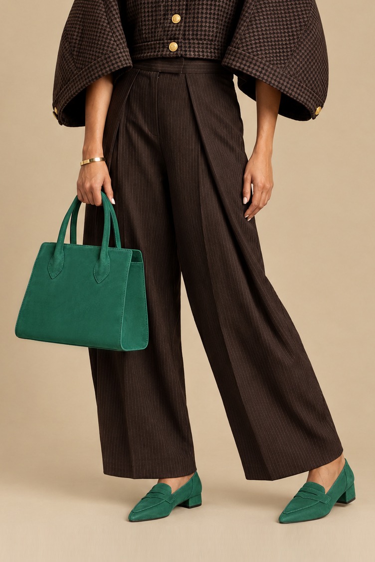 Women's emerald green classic penny loafers with pointed toe and flat flared heel - Worn view