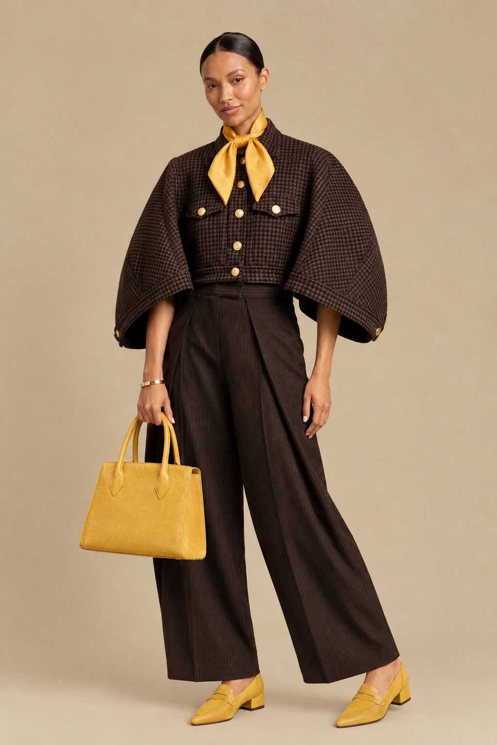 Women's mustard yellow classic penny loafers with pointed toe and flat flared heel - Top view