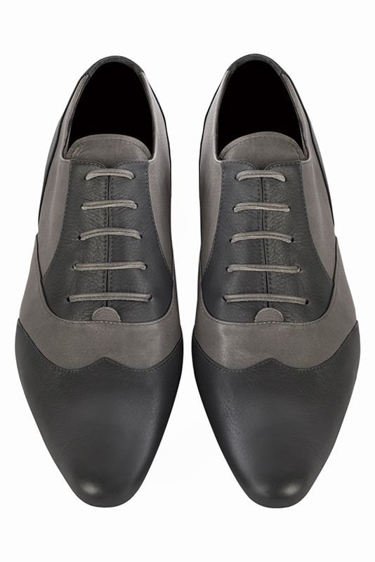 Dark grey lace-up dress shoes for men. Round toe. Flat leather soles. Top view - Florence KOOIJMAN