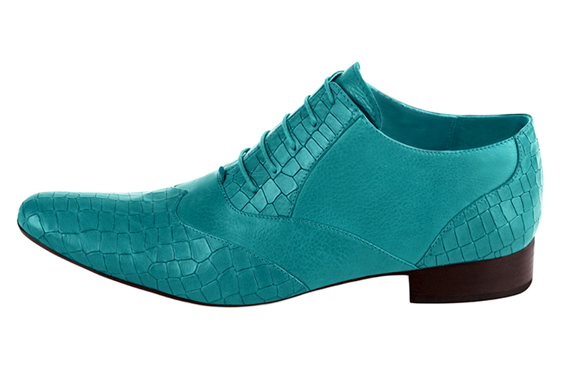 Turquoise blue lace-up dress shoes for men. Round toe. Flat leather soles. Profile view - Florence KOOIJMAN