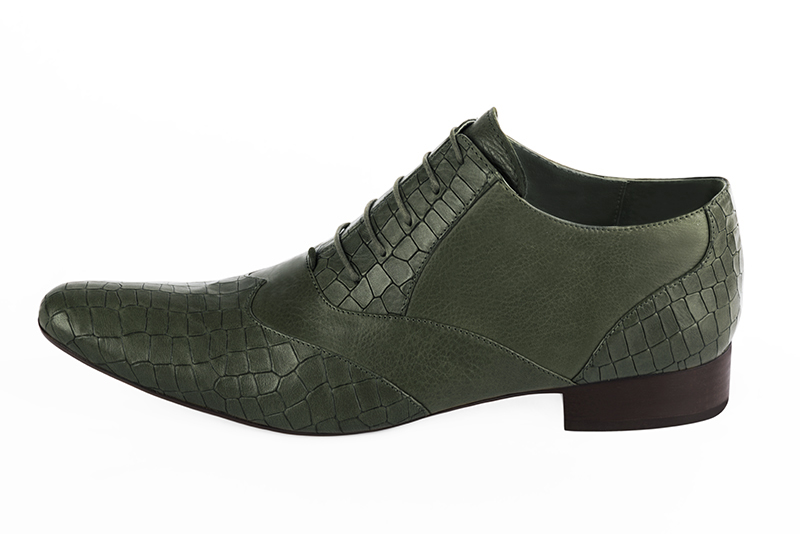 Forest green lace-up dress shoes for men. Round toe. Flat leather soles. Profile view - Florence KOOIJMAN