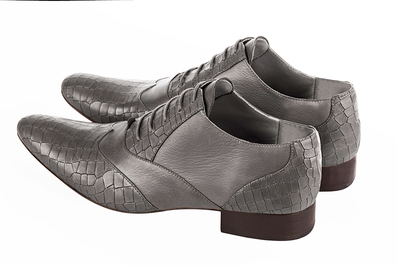 Ash grey lace-up dress shoes for men. Round toe. Flat leather soles. Rear view - Florence KOOIJMAN