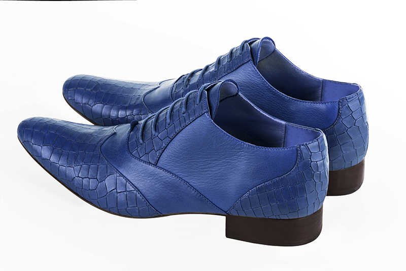 Electric blue lace-up dress shoes for men. Round toe. Flat leather soles. Rear view - Florence KOOIJMAN