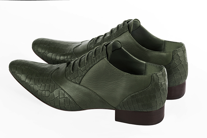 Forest green lace-up dress shoes for men. Round toe. Flat leather soles. Rear view - Florence KOOIJMAN