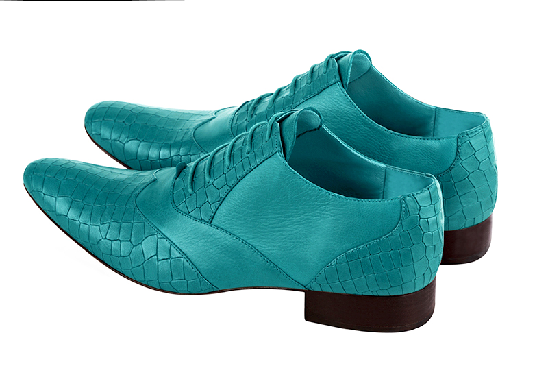 Turquoise blue lace-up dress shoes for men. Round toe. Flat leather soles. Rear view - Florence KOOIJMAN