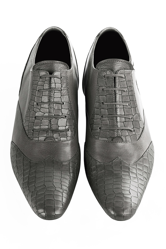 Ash grey lace-up dress shoes for men. Round toe. Flat leather soles. Top view - Florence KOOIJMAN