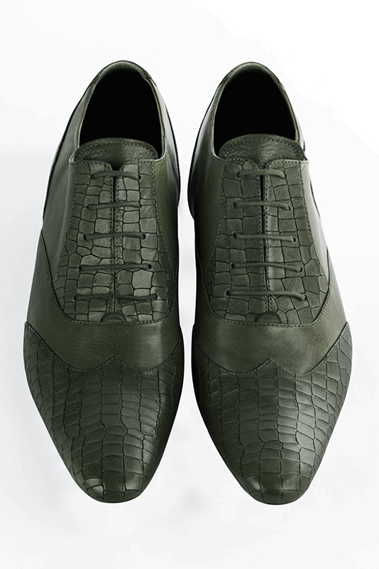 Forest green lace-up dress shoes for men. Round toe. Flat leather soles. Top view - Florence KOOIJMAN