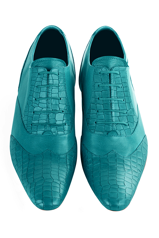 Turquoise blue lace-up dress shoes for men. Round toe. Flat leather soles. Top view - Florence KOOIJMAN