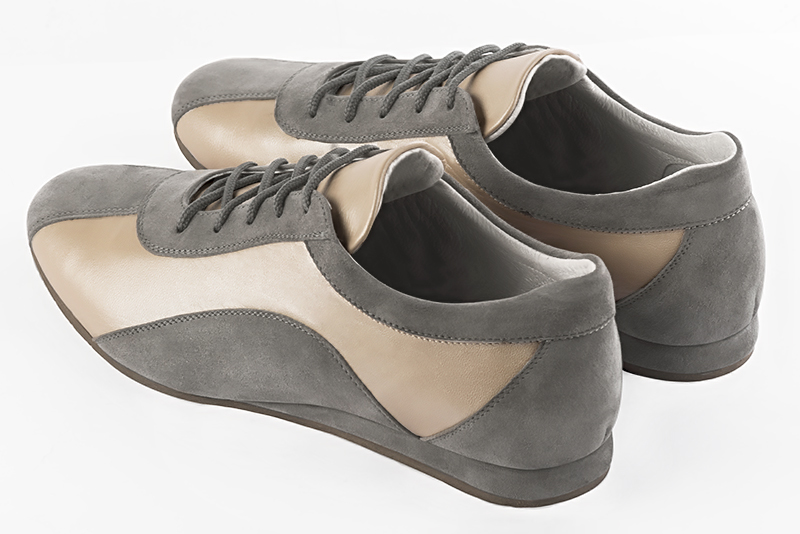 Dove grey and gold women's two-tone elegant sneakers. Round toe. Flat wedge soles. Rear view - Florence KOOIJMAN