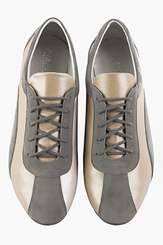 Dove grey and gold women's two-tone elegant sneakers. Round toe. Flat wedge soles. Top view - Florence KOOIJMAN