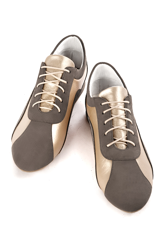Taupe brown and gold women's elegant sneakers.. Top view - Florence KOOIJMAN