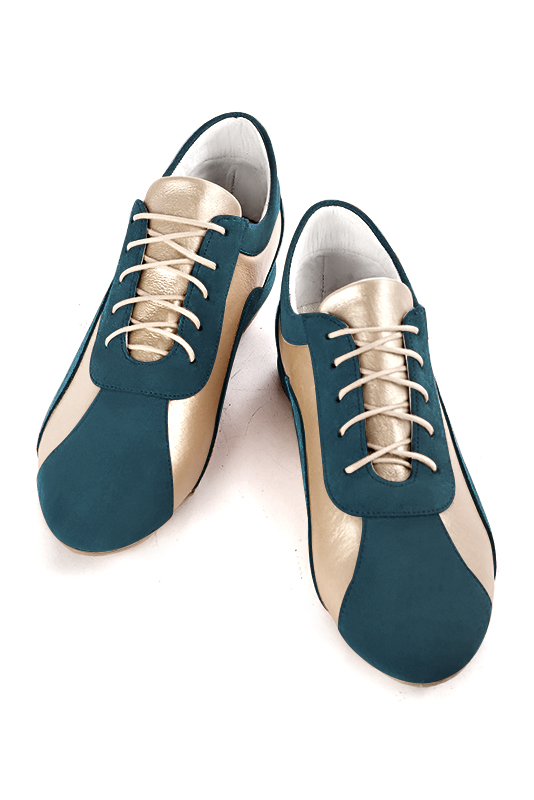 Peacock blue and gold women's elegant sneakers.. Top view - Florence KOOIJMAN