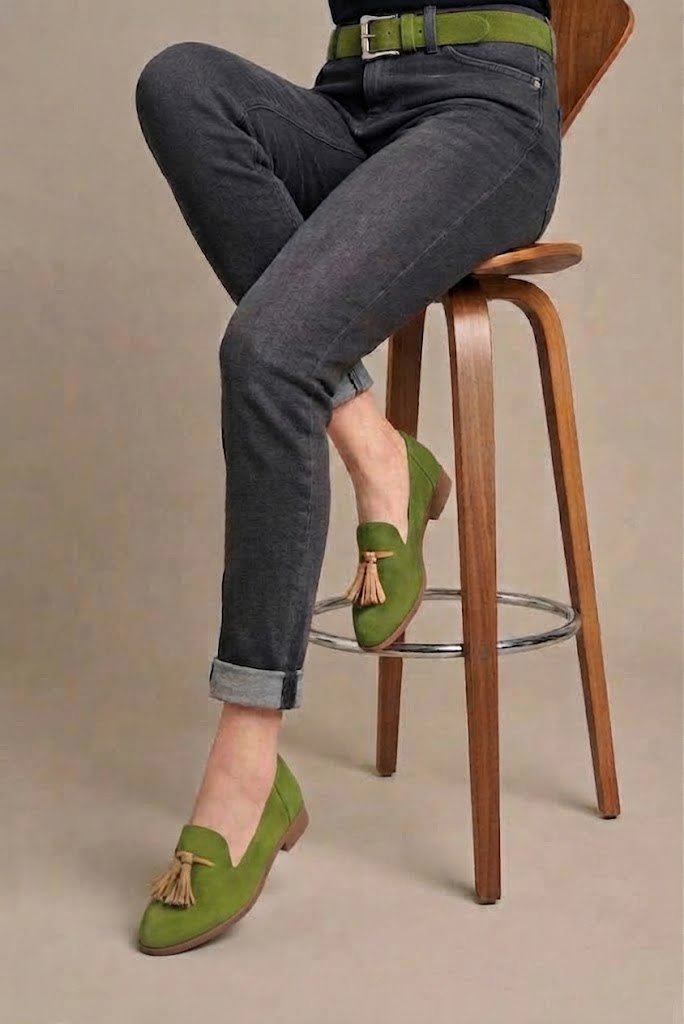 Women's pistachio green and camel tassel loafers with round toe and chunky rubber lug sole - Top view