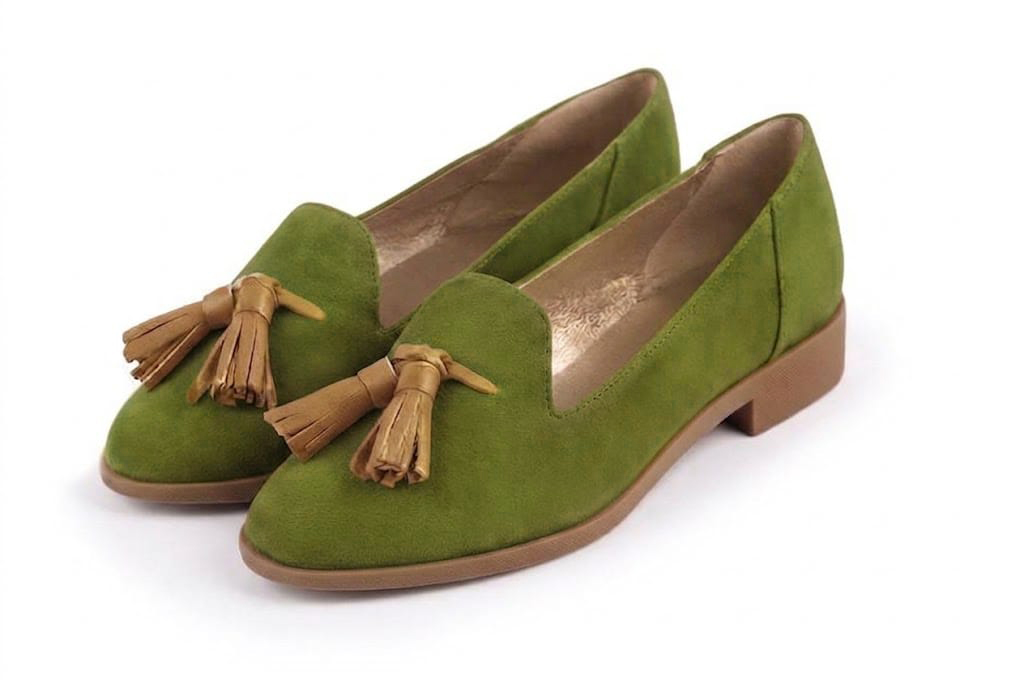 Sophisticated women's tassel loafers finished with delicate leather details, designed for polished business and casual elegance, in pistachio green and camel leather with round toe and chunky rubber lug sole