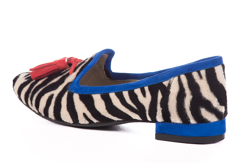 Safari black and electric blue women's loafers with pompons. Round toe. Flat block heels. Rear view - Florence KOOIJMAN