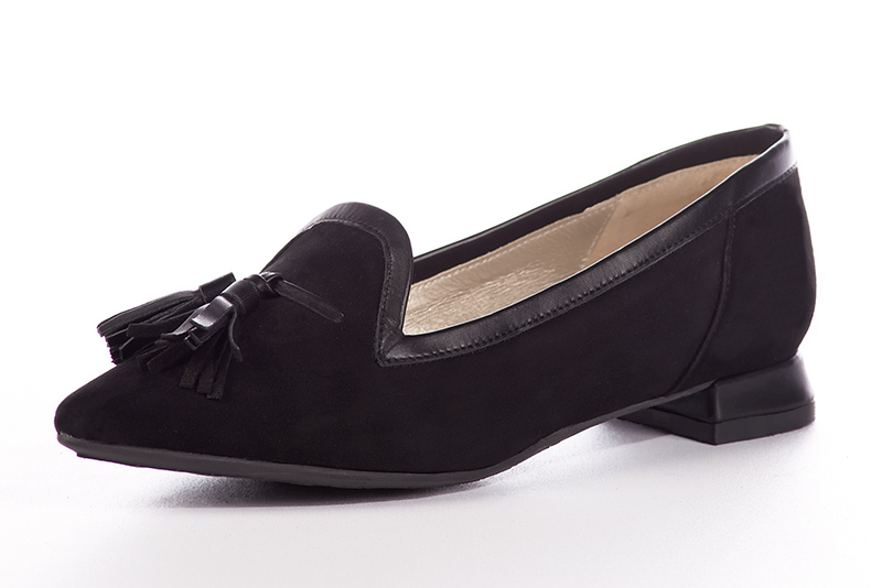 Electric blue and satin black women's loafers with pompons. Pointed toe. Flat flare heels. Rear view - Florence KOOIJMAN